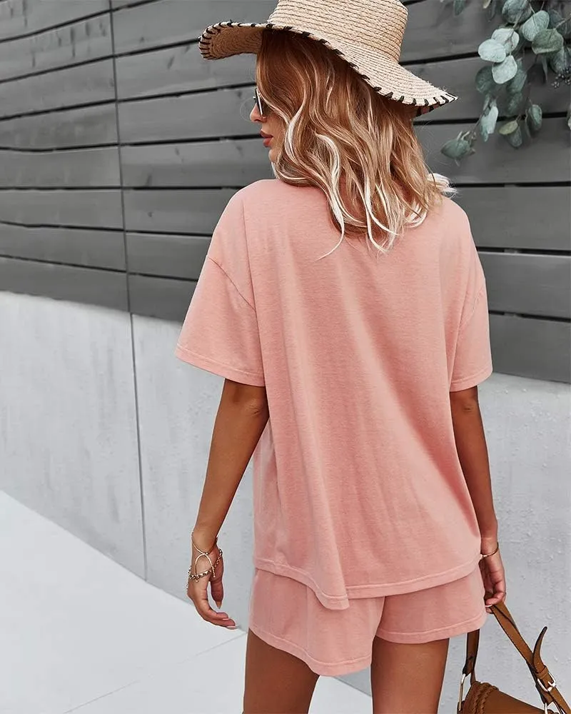 CORSKI Women's Short Sleeve Sweatsuit Sets Lounge 2 Piece V Neck Tracksuit Casual Loose Fit Outfits