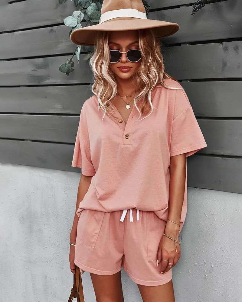 CORSKI Women's Short Sleeve Sweatsuit Sets Lounge 2 Piece V Neck Tracksuit Casual Loose Fit Outfits
