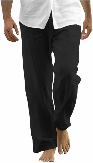 Cotton Linen Pants Men Casual Loose Fit Elastic Drawstring Waist Wide Leg Pant Lightweight Summer Beach Pants Pockets