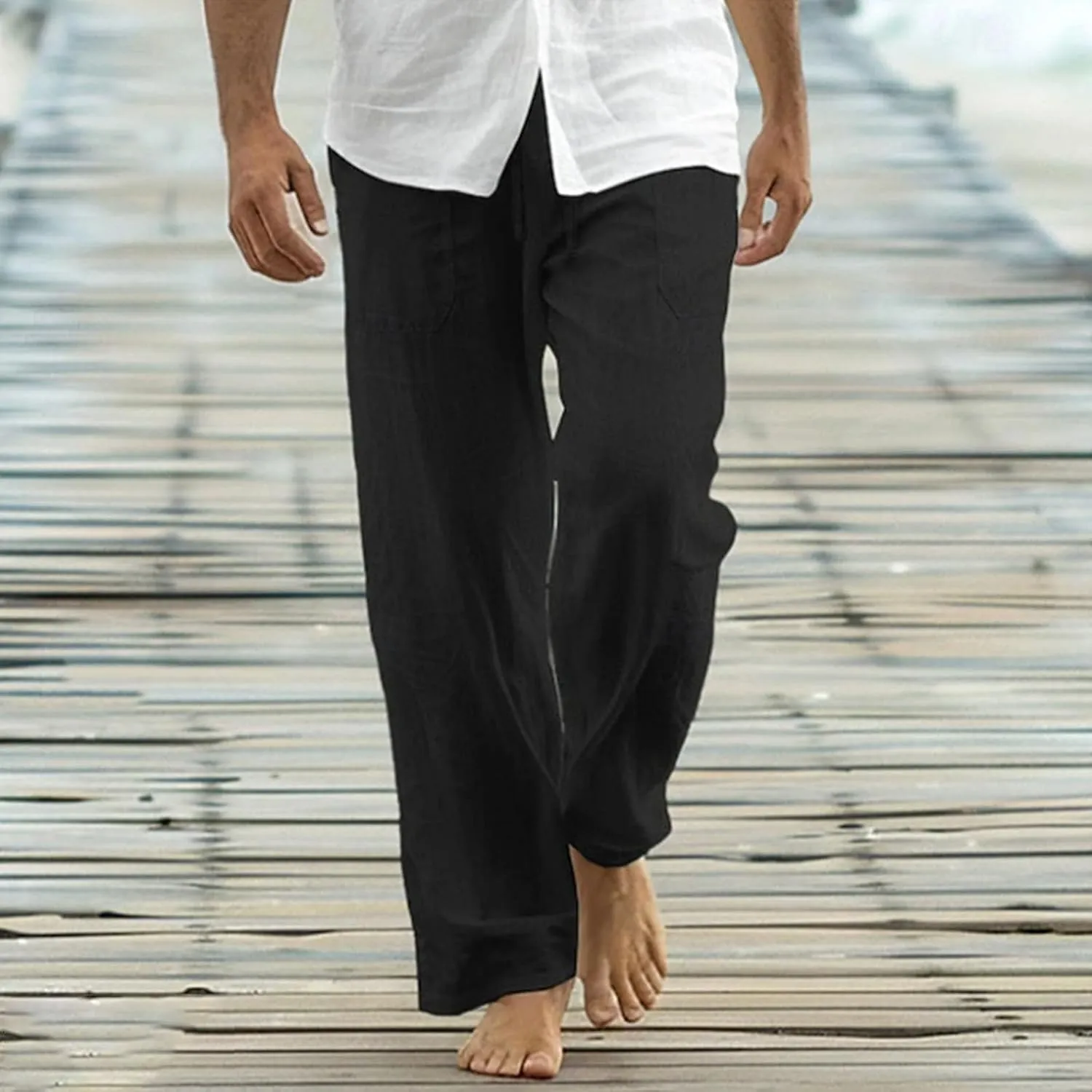 Cotton Linen Pants Men Casual Loose Fit Elastic Drawstring Waist Wide Leg Pant Lightweight Summer Beach Pants Pockets