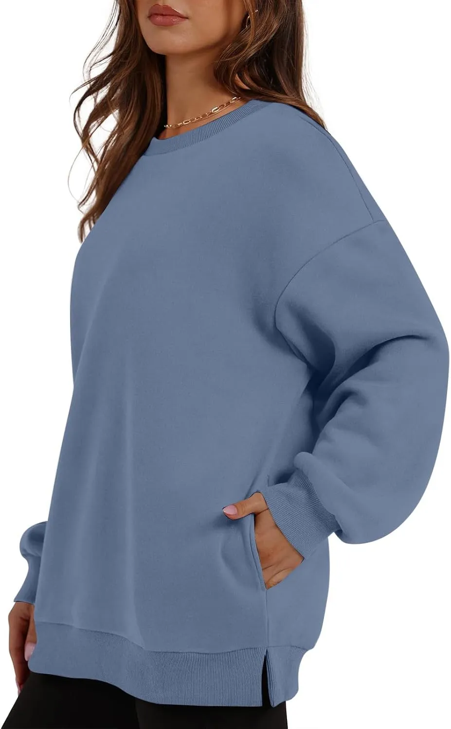 Crewneck Sweatshirts Women Fleece Pullover Oversized Hoodie Drop Shoulder Outwear Long Sleeve Tops with Pocket