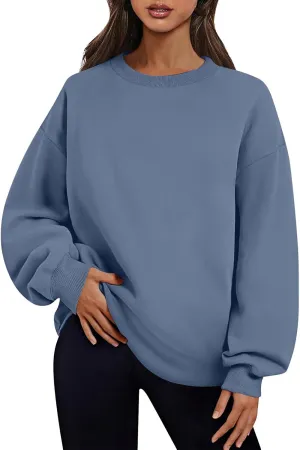 Crewneck Sweatshirts Women Fleece Pullover Oversized Hoodie Drop Shoulder Outwear Long Sleeve Tops with Pocket