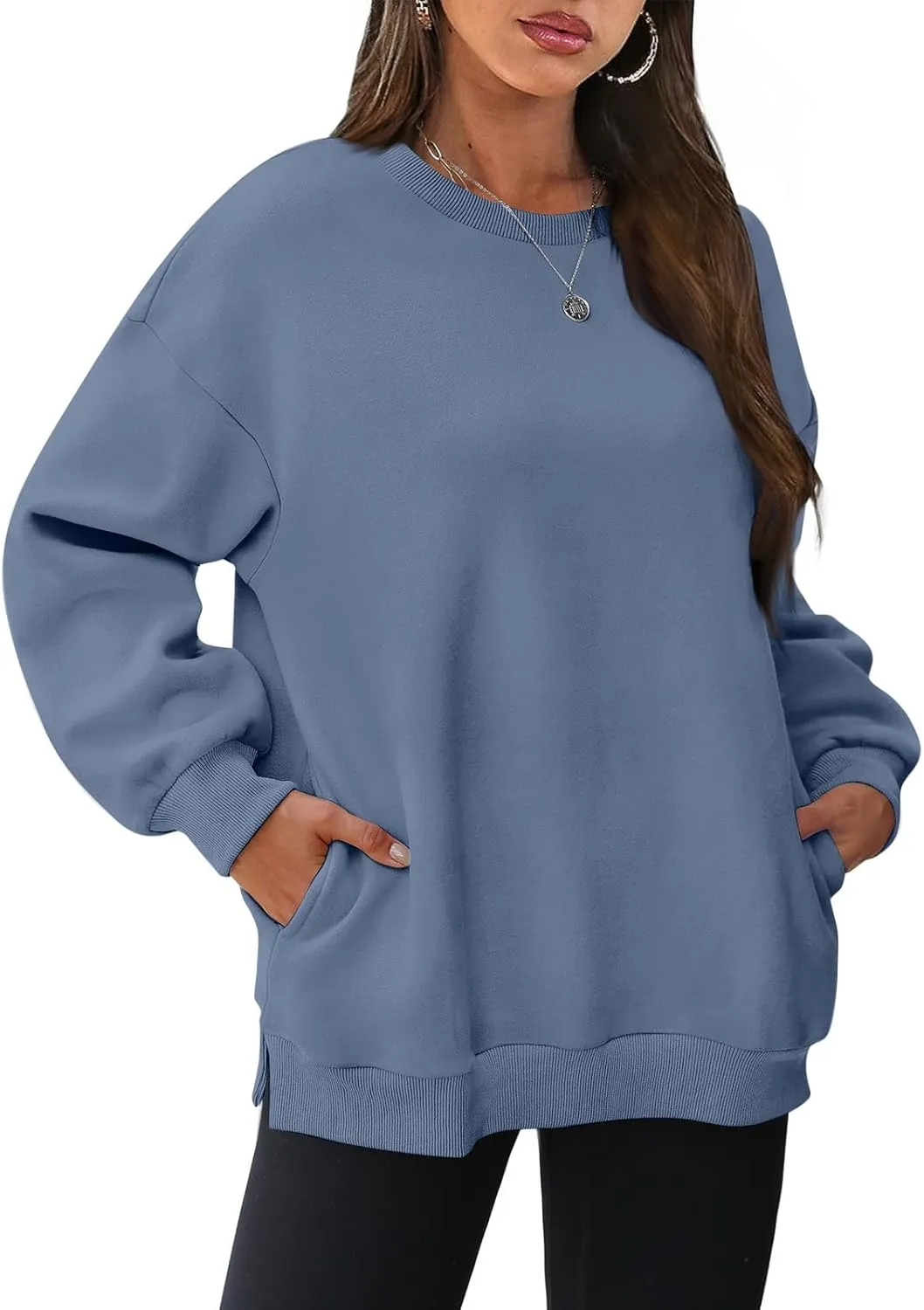 Crewneck Sweatshirts Women Fleece Pullover Oversized Hoodie Drop Shoulder Outwear Long Sleeve Tops with Pocket