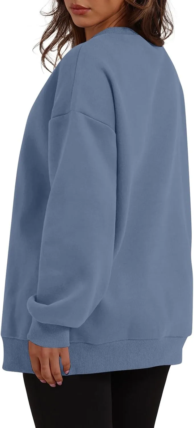 Crewneck Sweatshirts Women Fleece Pullover Oversized Hoodie Drop Shoulder Outwear Long Sleeve Tops with Pocket