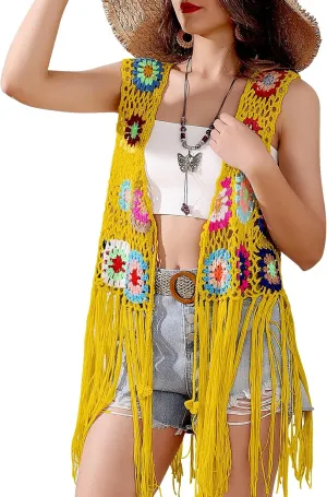 Crochet African Flower Granny Square Crochet Vest, Color Block Sweater, Knitted Multicolor Open Front Cardigan