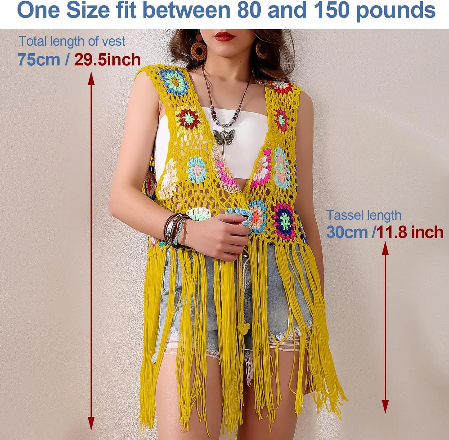 Crochet African Flower Granny Square Crochet Vest, Color Block Sweater, Knitted Multicolor Open Front Cardigan