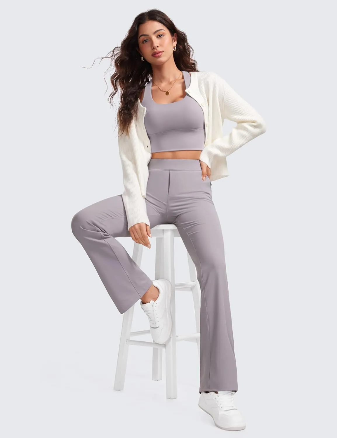 CRZ YOGA 4-Way Stretch Flare Womens Pants Tall 31" Dress Work Casual High Waisted Lounge Sweatpants with Zip Pockets