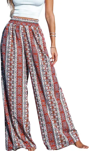 CUPSHE Women's Wide Leg Tribal Print Smocked Pants High Elastic Waisted Bobo Pants