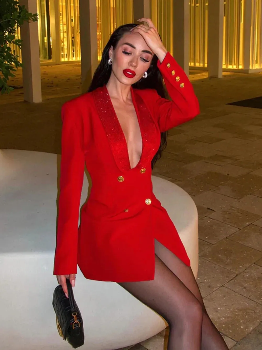 Deep Rain Stone V-Neck Backless Double Breasted Slim Mini Blazer Dress