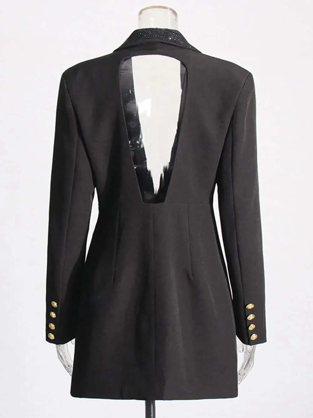 Deep Rain Stone V-Neck Backless Double Breasted Slim Mini Blazer Dress