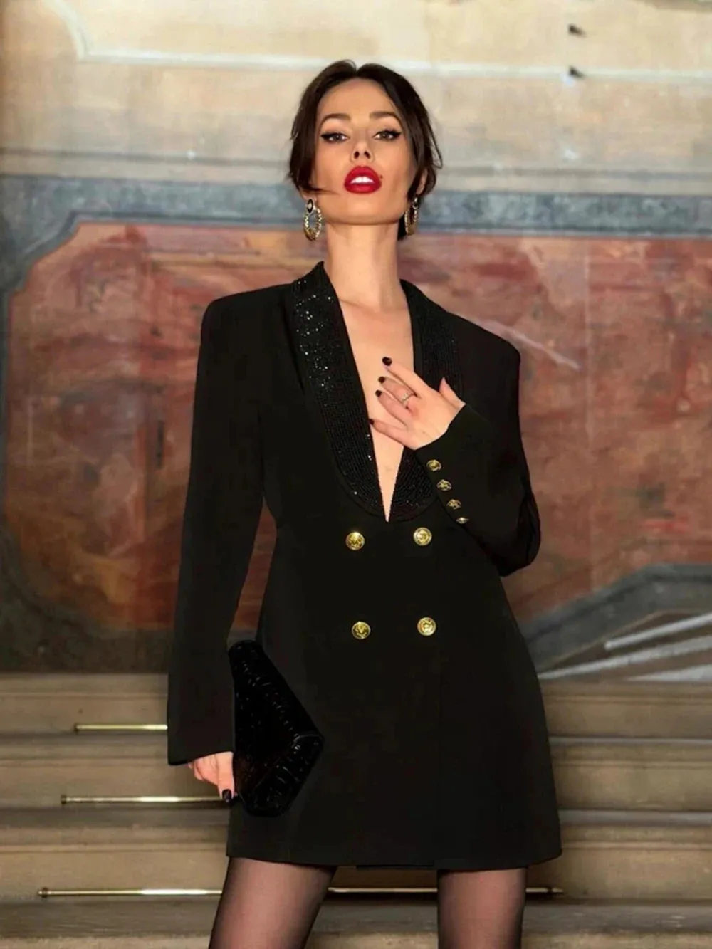 Deep Rain Stone V-Neck Backless Double Breasted Slim Mini Blazer Dress