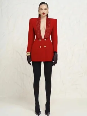 Deep Rain Stone V-Neck Backless Double Breasted Slim Mini Blazer Dress