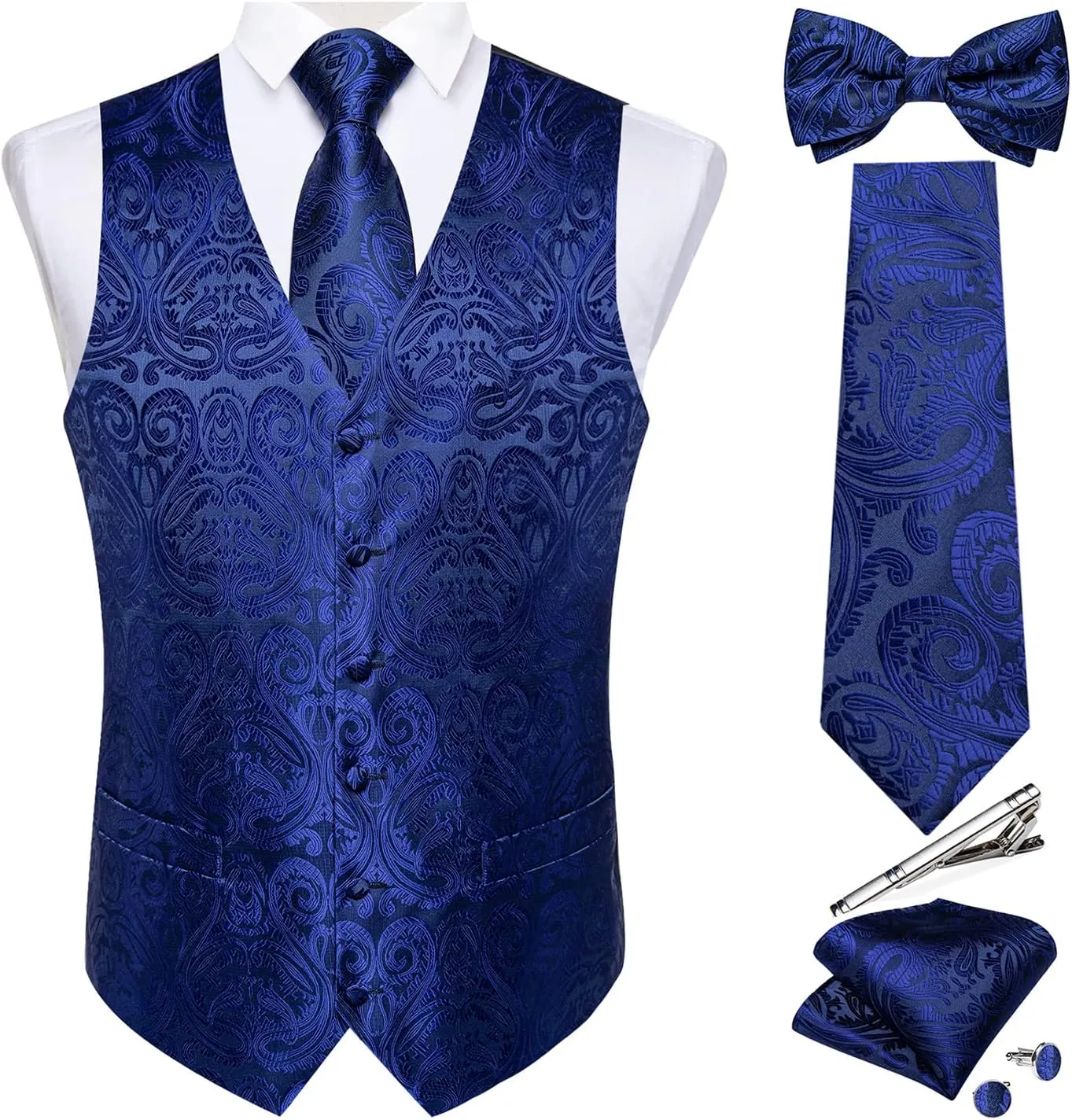 DiBanGu Men's Silk Paisley Vest and Necktie Set 6PCS Pre-tied Bow Tie Formal Waistcoat for Wedding Party