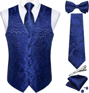 DiBanGu Men's Silk Paisley Vest and Necktie Set 6PCS Pre-tied Bow Tie Formal Waistcoat for Wedding Party