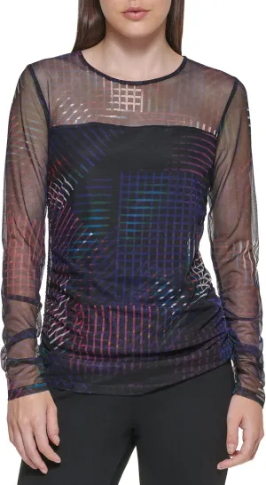DKNY Women's Mesh Side Ruching Lightweight Sportswear Top