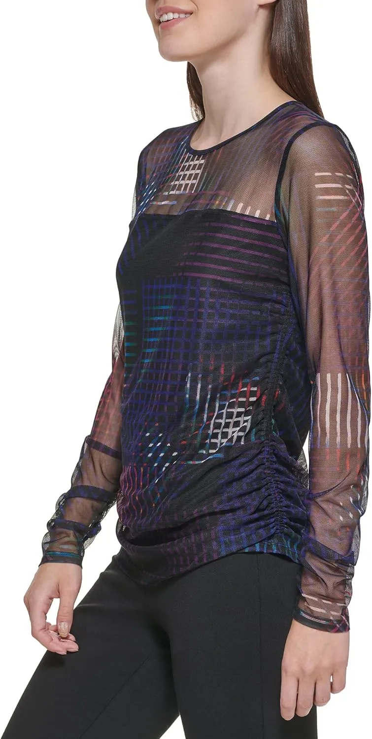 DKNY Women's Mesh Side Ruching Lightweight Sportswear Top