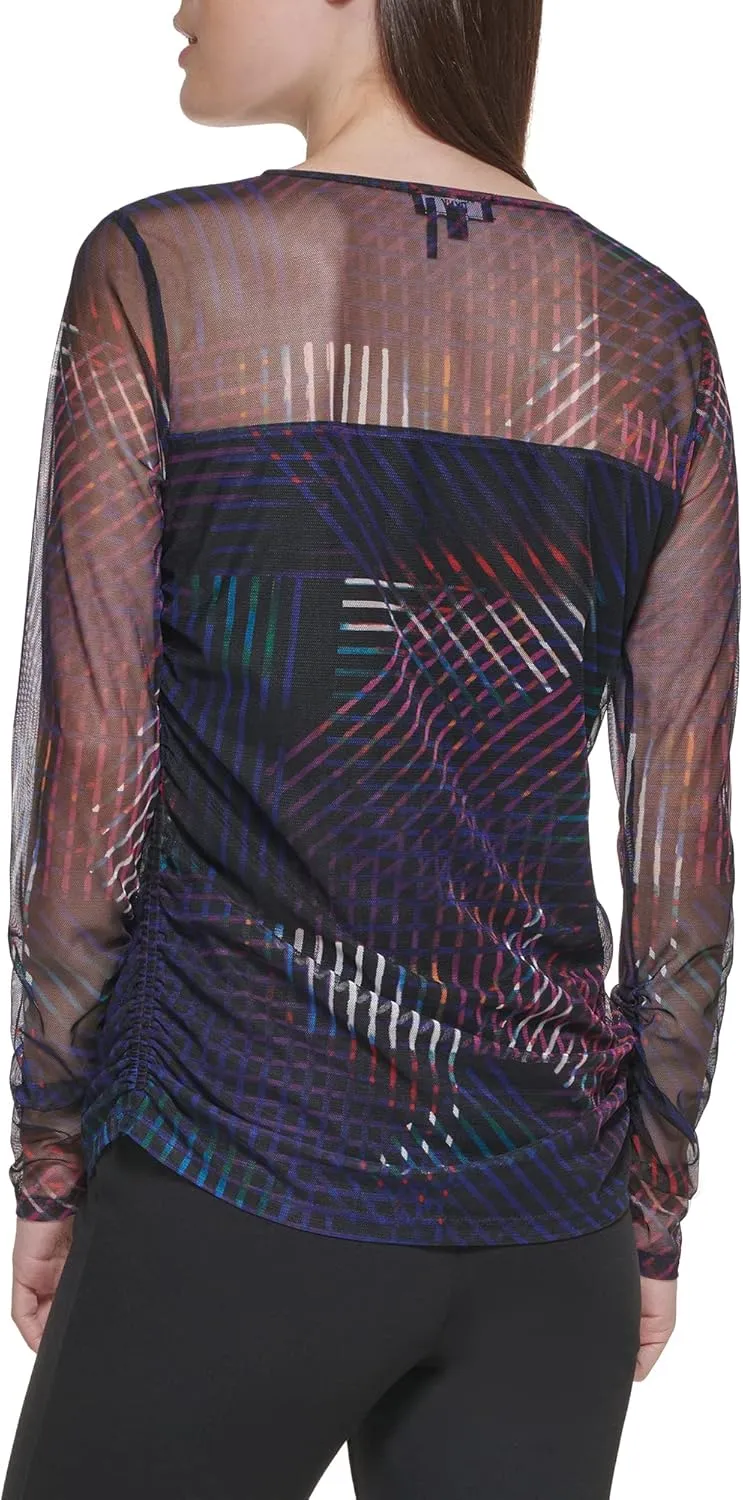 DKNY Women's Mesh Side Ruching Lightweight Sportswear Top