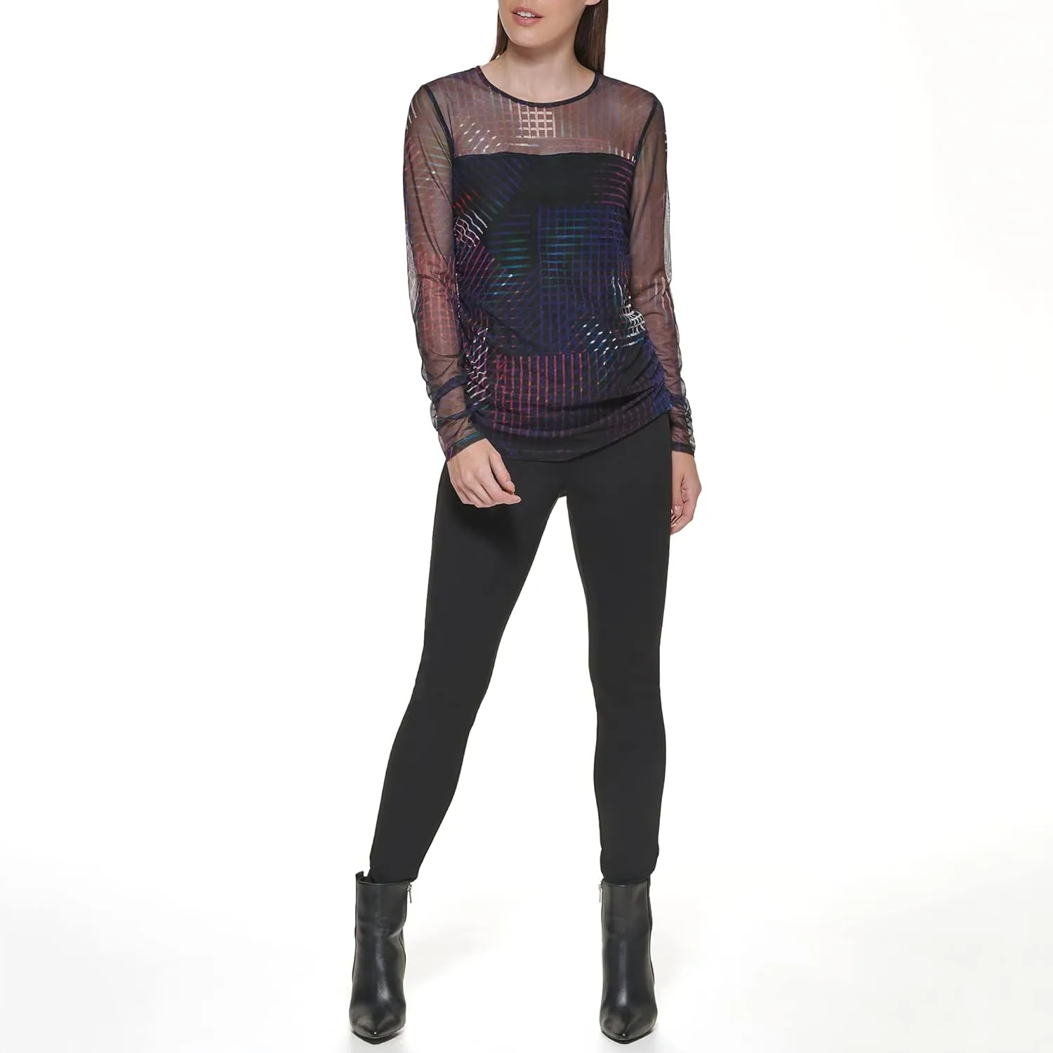 DKNY Women's Mesh Side Ruching Lightweight Sportswear Top