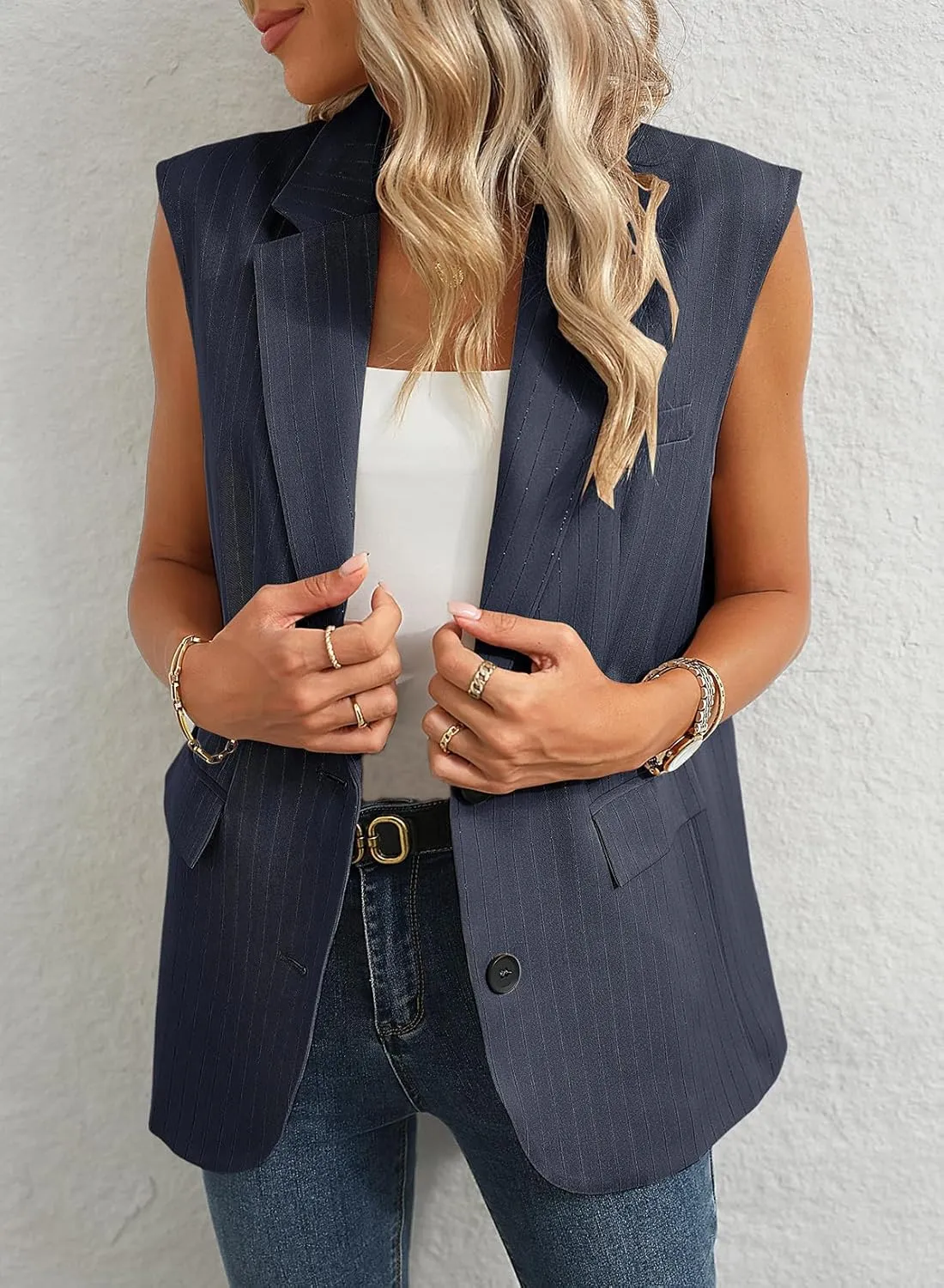 Dokotoo Womens Vest Dressy Casual Stripes Sleeveless Blazer Button Up Lightweight Summer Work Office Suit Vest