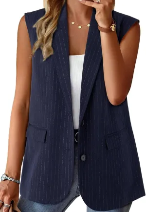 Dokotoo Womens Vest Dressy Casual Stripes Sleeveless Blazer Button Up Lightweight Summer Work Office Suit Vest
