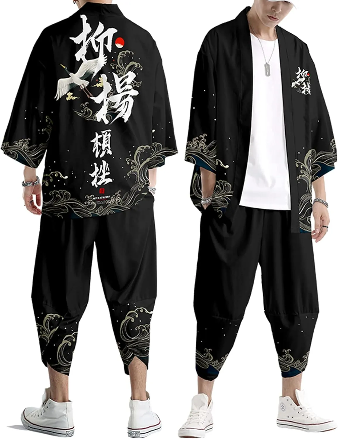 DOSLAVIDA Men's Japanese Kimono Cardigan Suit Chinese Style Printed Jacket Pants Set Open Front Seven Sleeve Top & Shorts
