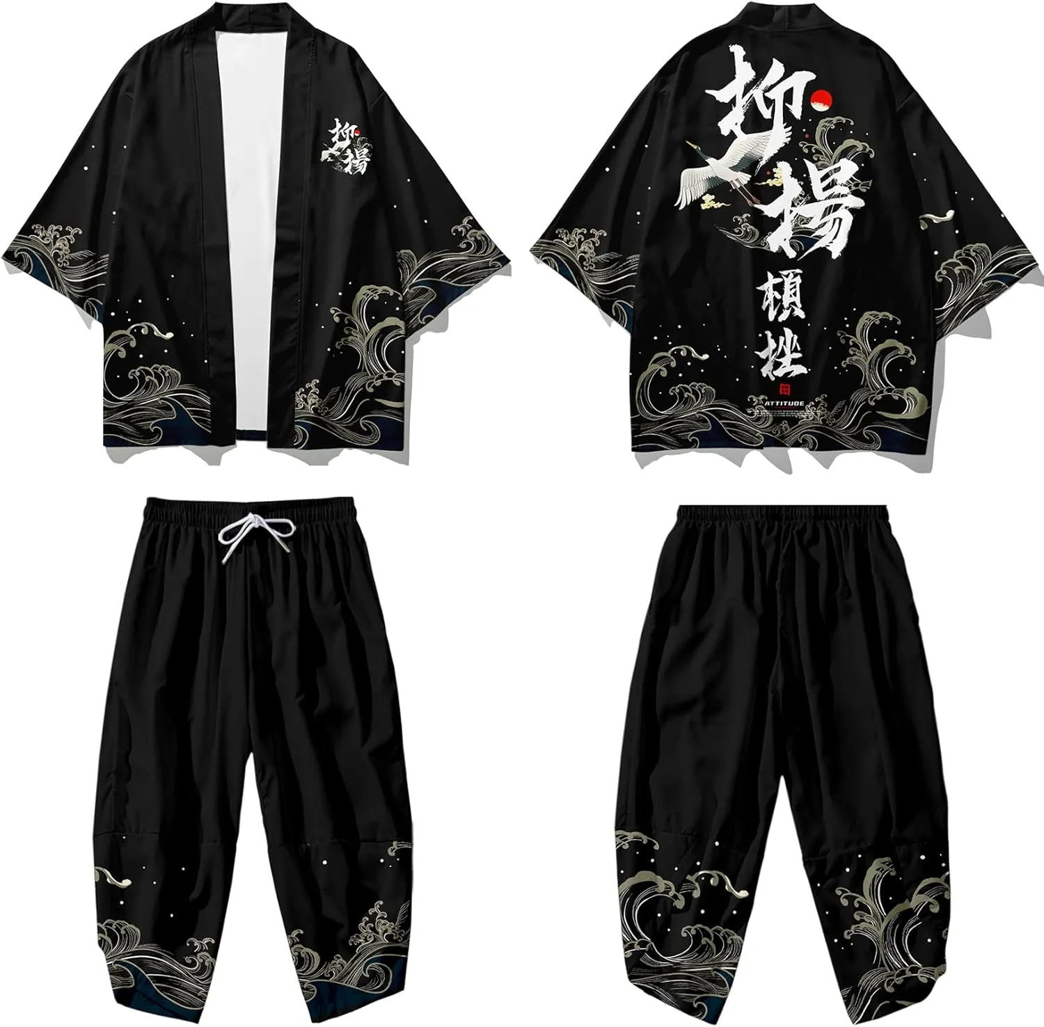 DOSLAVIDA Men's Japanese Kimono Cardigan Suit Chinese Style Printed Jacket Pants Set Open Front Seven Sleeve Top & Shorts
