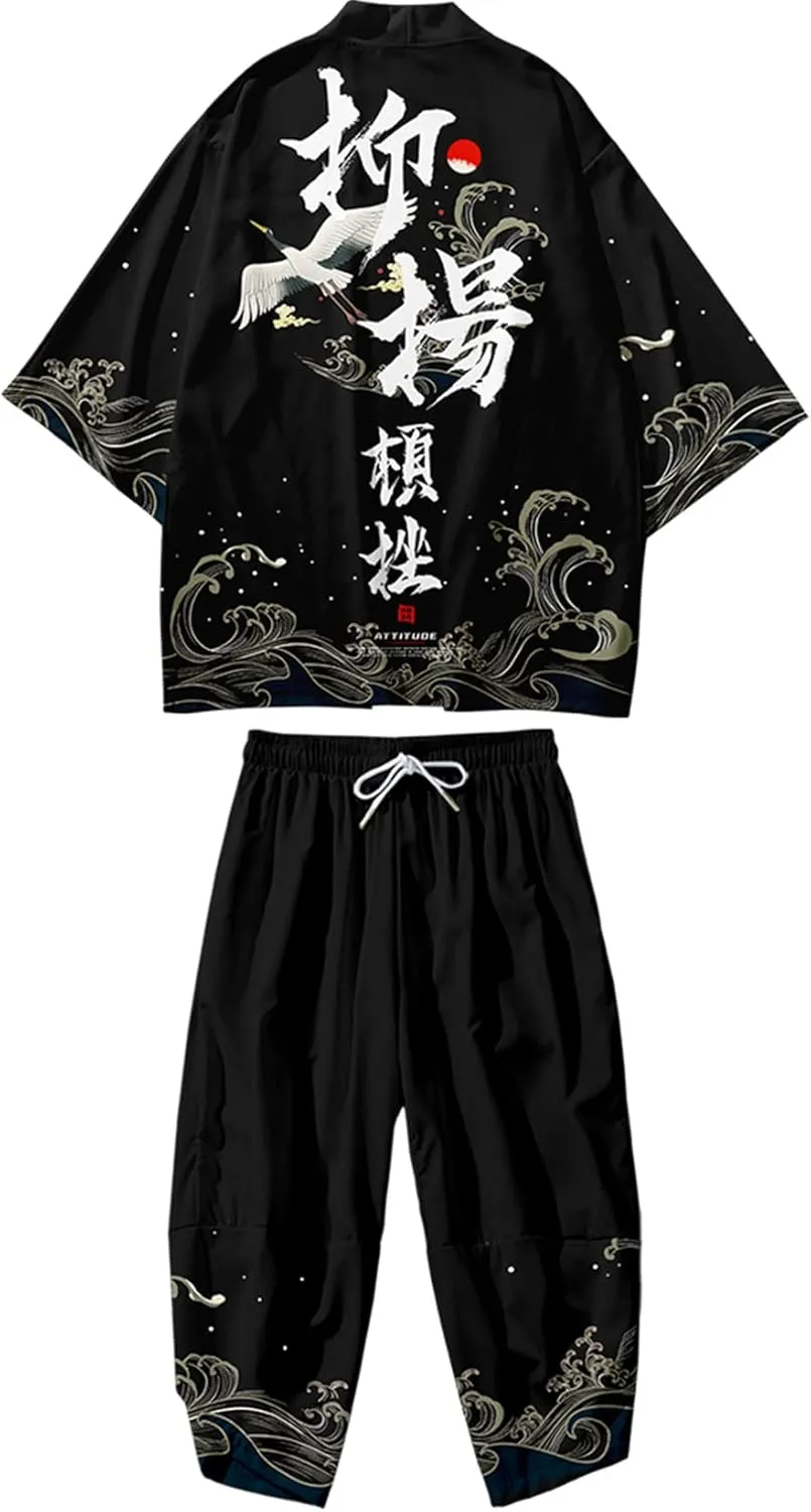 DOSLAVIDA Men's Japanese Kimono Cardigan Suit Chinese Style Printed Jacket Pants Set Open Front Seven Sleeve Top & Shorts