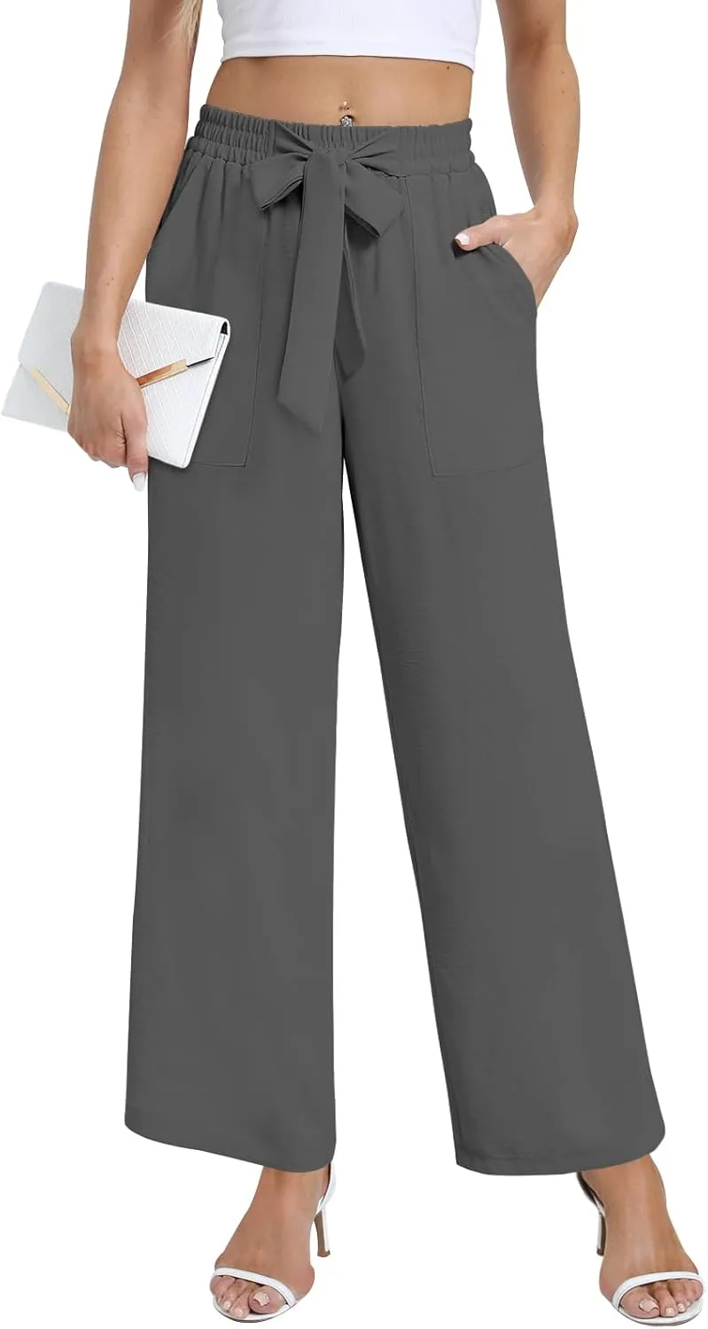 DouBCQ Women's Wide Leg Pants High Waist Flowy Tie Knot Trousers Business Casual Pants with Pockets