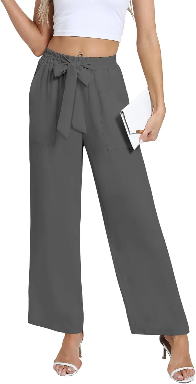 DouBCQ Women's Wide Leg Pants High Waist Flowy Tie Knot Trousers Business Casual Pants with Pockets
