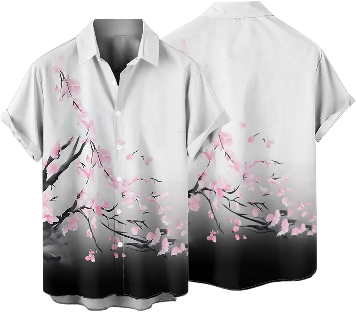 DRESSFO Couple Matching Hawaiian Outfits Plum Blossom Print Women's Floral Mini Dress or Men's Button Up Shirt Outfit