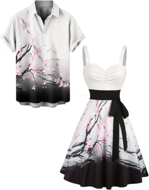 DRESSFO Couple Matching Hawaiian Outfits Plum Blossom Print Women's Floral Mini Dress or Men's Button Up Shirt Outfit