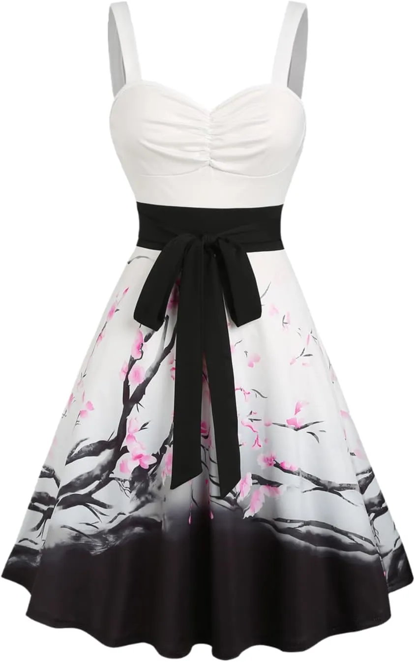 DRESSFO Couple Matching Hawaiian Outfits Plum Blossom Print Women's Floral Mini Dress or Men's Button Up Shirt Outfit