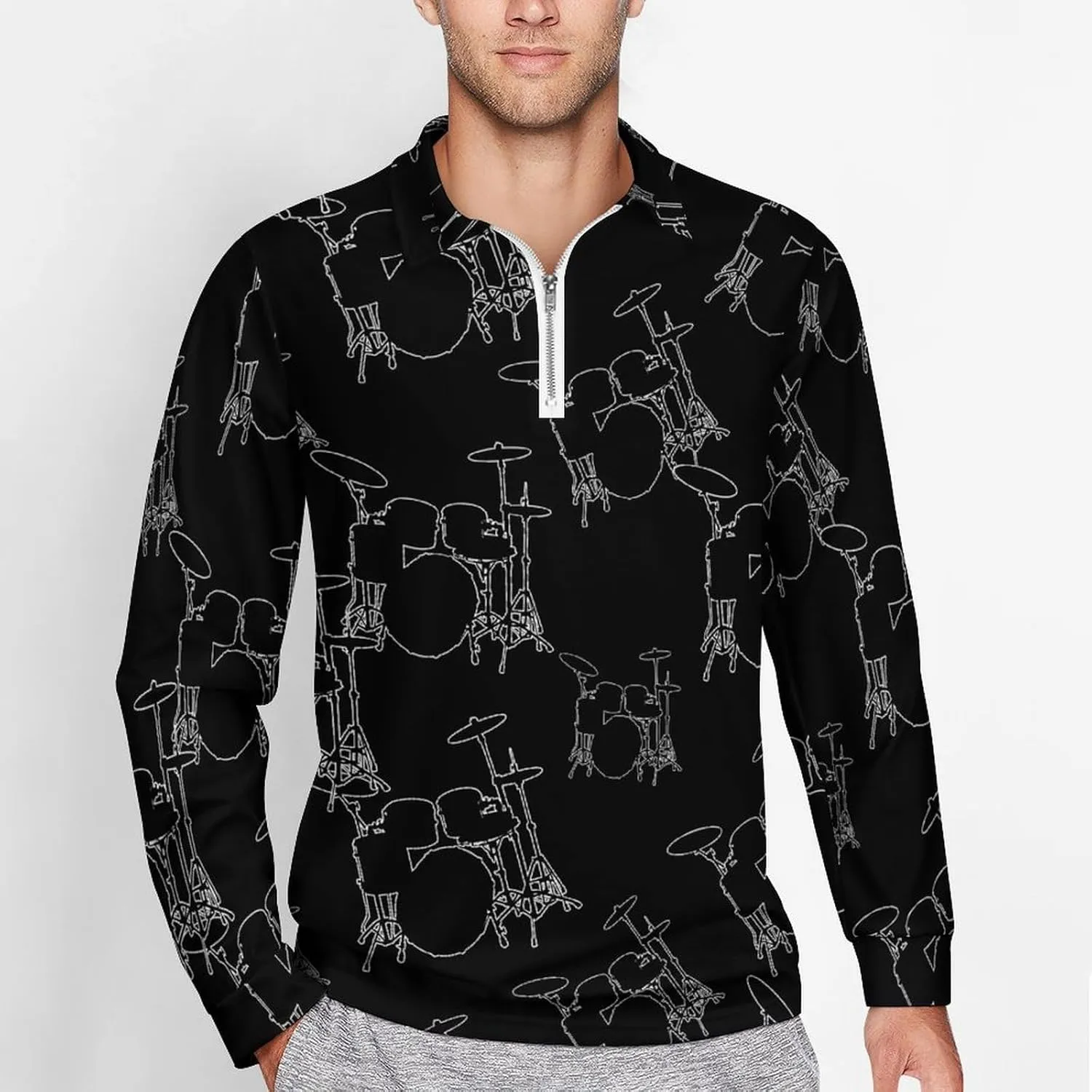 Drumms Drummer Men's Zipped Long Sleeve Casual Sweatshirt Quick Dry Sports Outdoor Golf Tennis Shirt