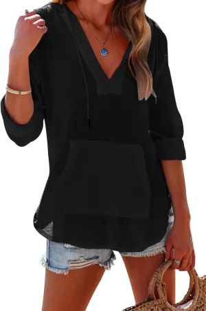 Ebifin Women's Beach Cover Up hoodies sweatshirt Long Sleeve V Neck Pocketed Hooded Shirt Top