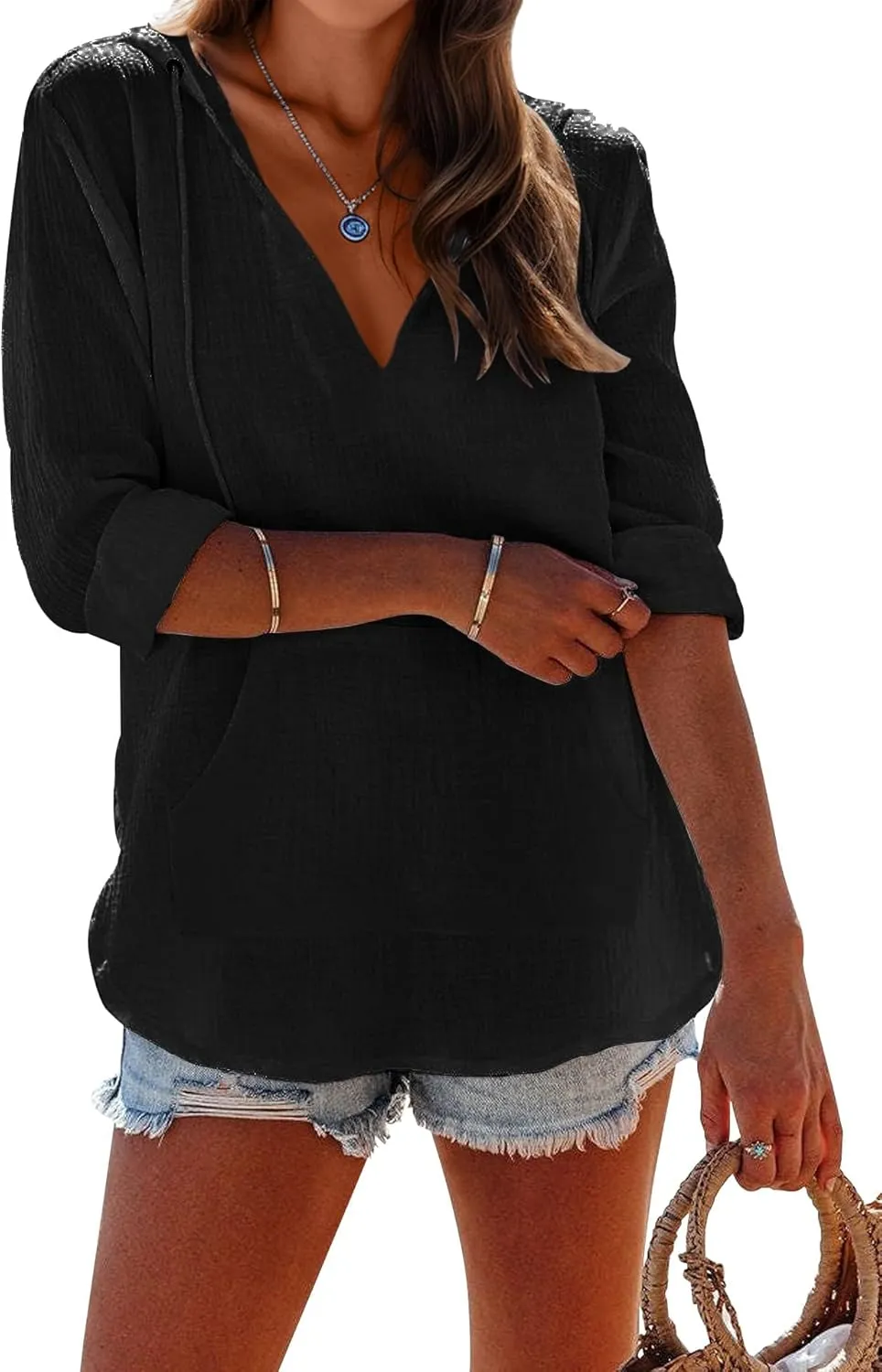 Ebifin Women's Beach Cover Up hoodies sweatshirt Long Sleeve V Neck Pocketed Hooded Shirt Top
