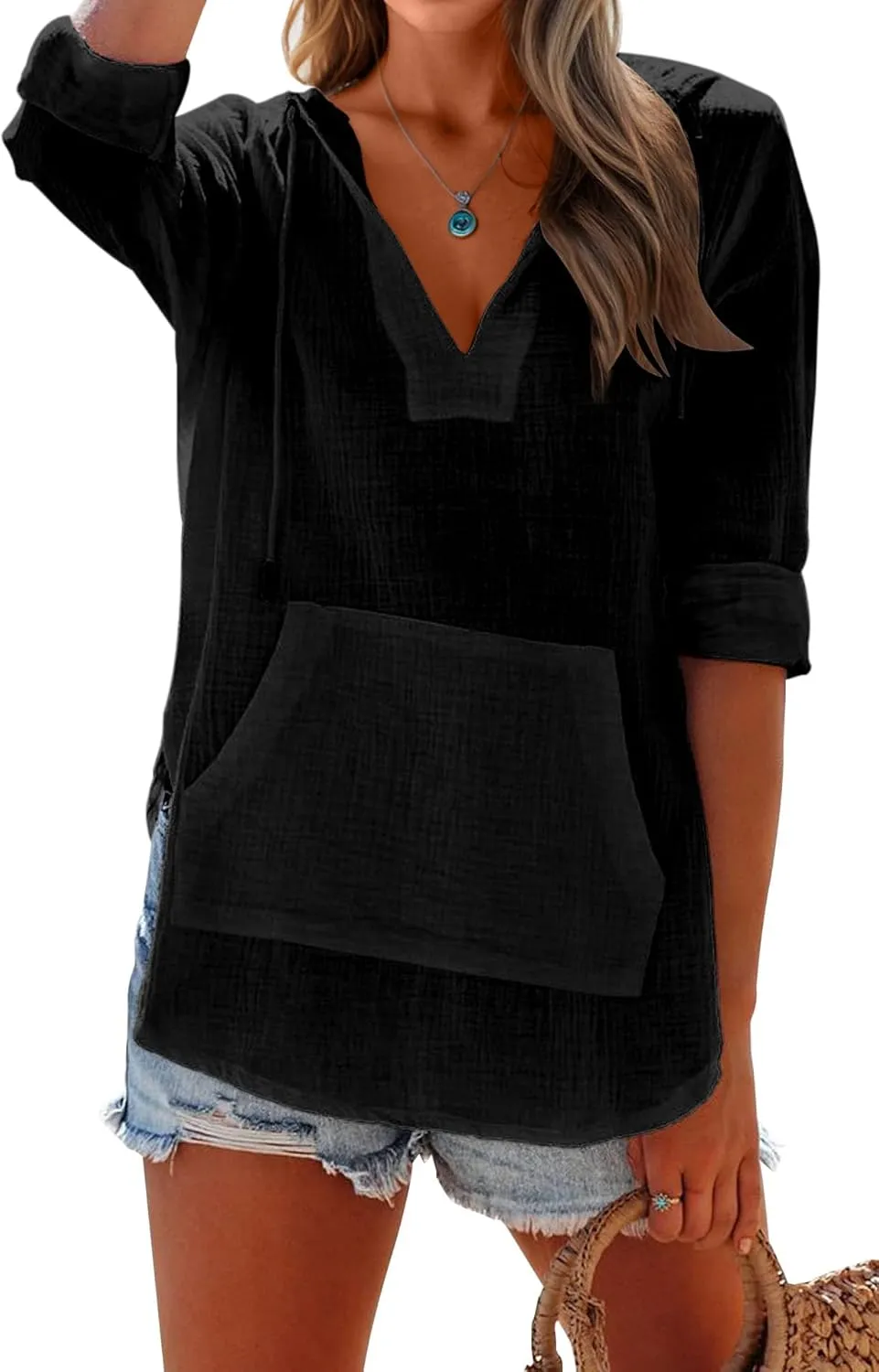Ebifin Women's Beach Cover Up hoodies sweatshirt Long Sleeve V Neck Pocketed Hooded Shirt Top