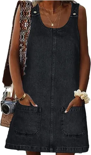 ebossy Women's Vintage Distressed Sleeveless Baggy Loose Denim Mini Dress with Pocket