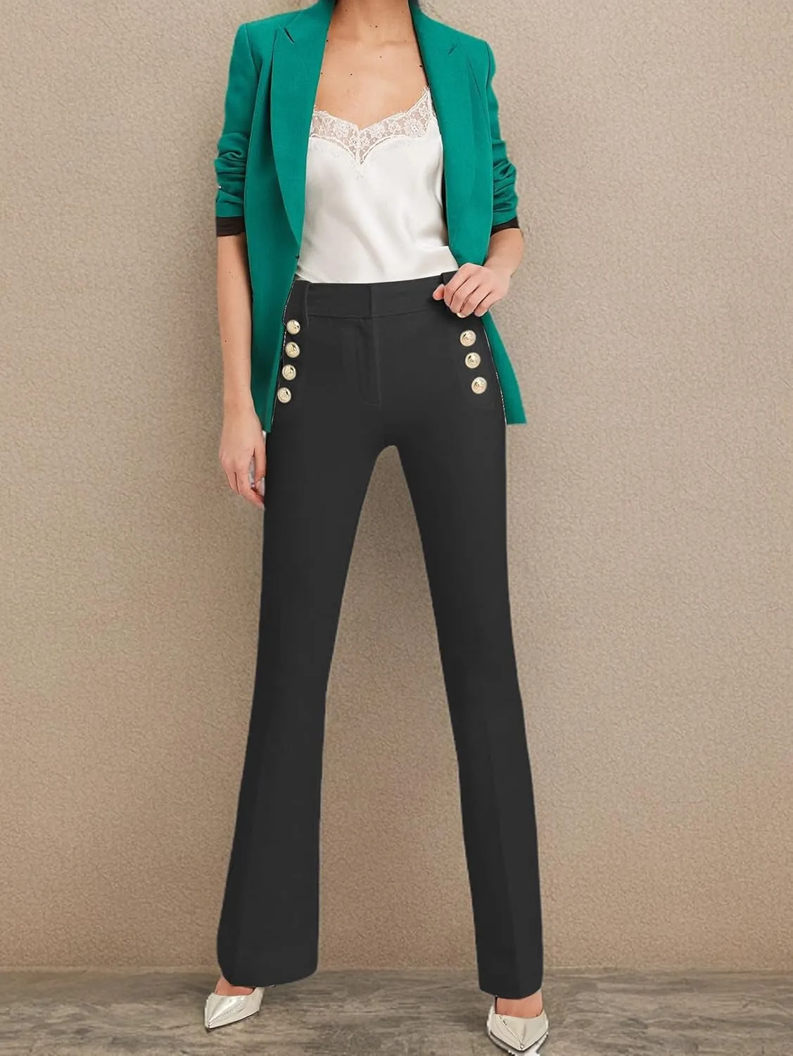 Famulily Womens Classy High Waist Double Breasted Flared Sailor Trousers Pants with Hide Zipper