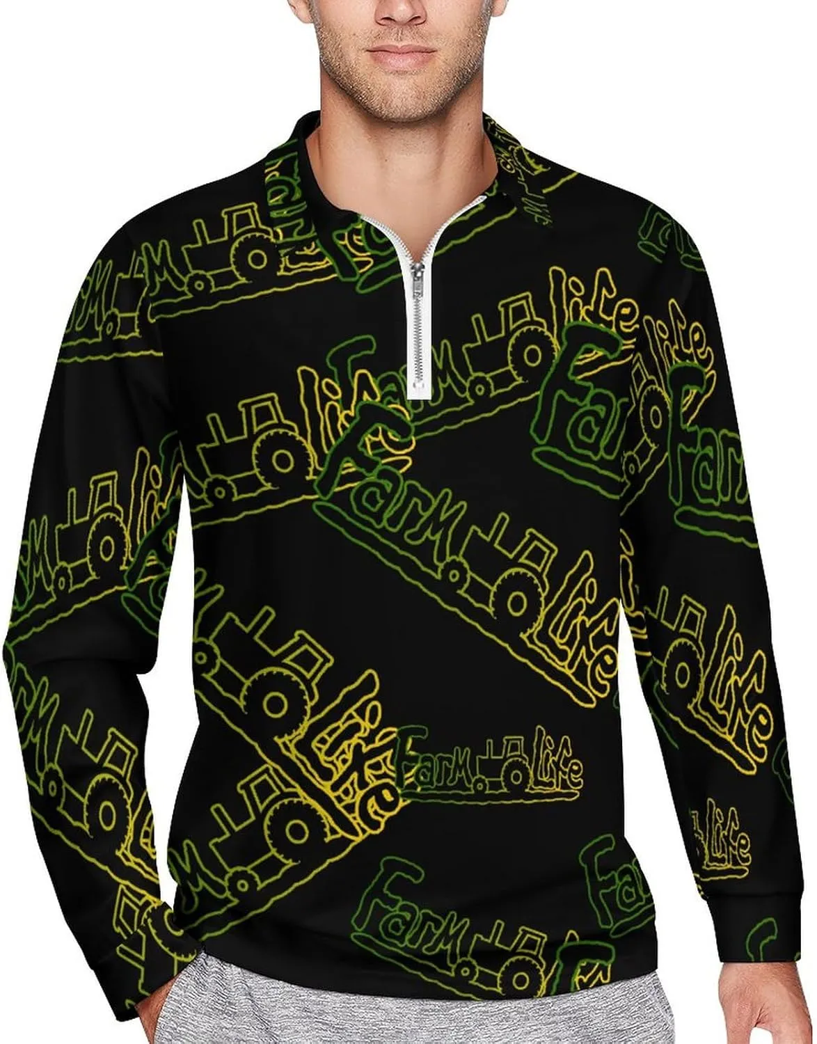 Farm Life Tractpr Men's Zipped Long Sleeve Casual Sweatshirt Quick Dry Sports Outdoor Golf Tennis Shirt