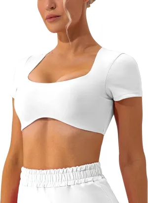 FEOYA Scoop Neck Sexy Sports Bra for Women Padded Low Cut Low Impact Workout Fitness Bra U Back Curved Sculpt Bra
