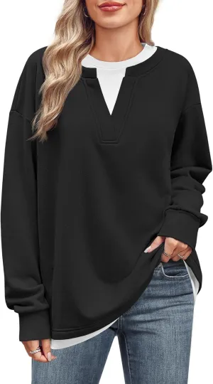 Fisoew Womens Crewneck Oversized Sweatshirts Long Sleeve Contrast Colors 2 in 1 Casual Pullover Tops