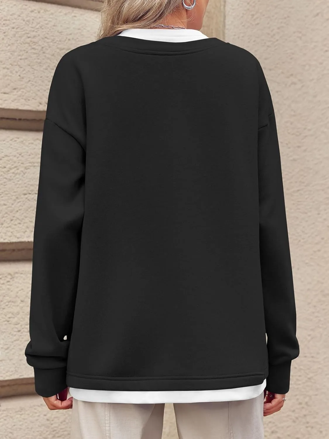 Fisoew Womens Crewneck Oversized Sweatshirts Long Sleeve Contrast Colors 2 in 1 Casual Pullover Tops