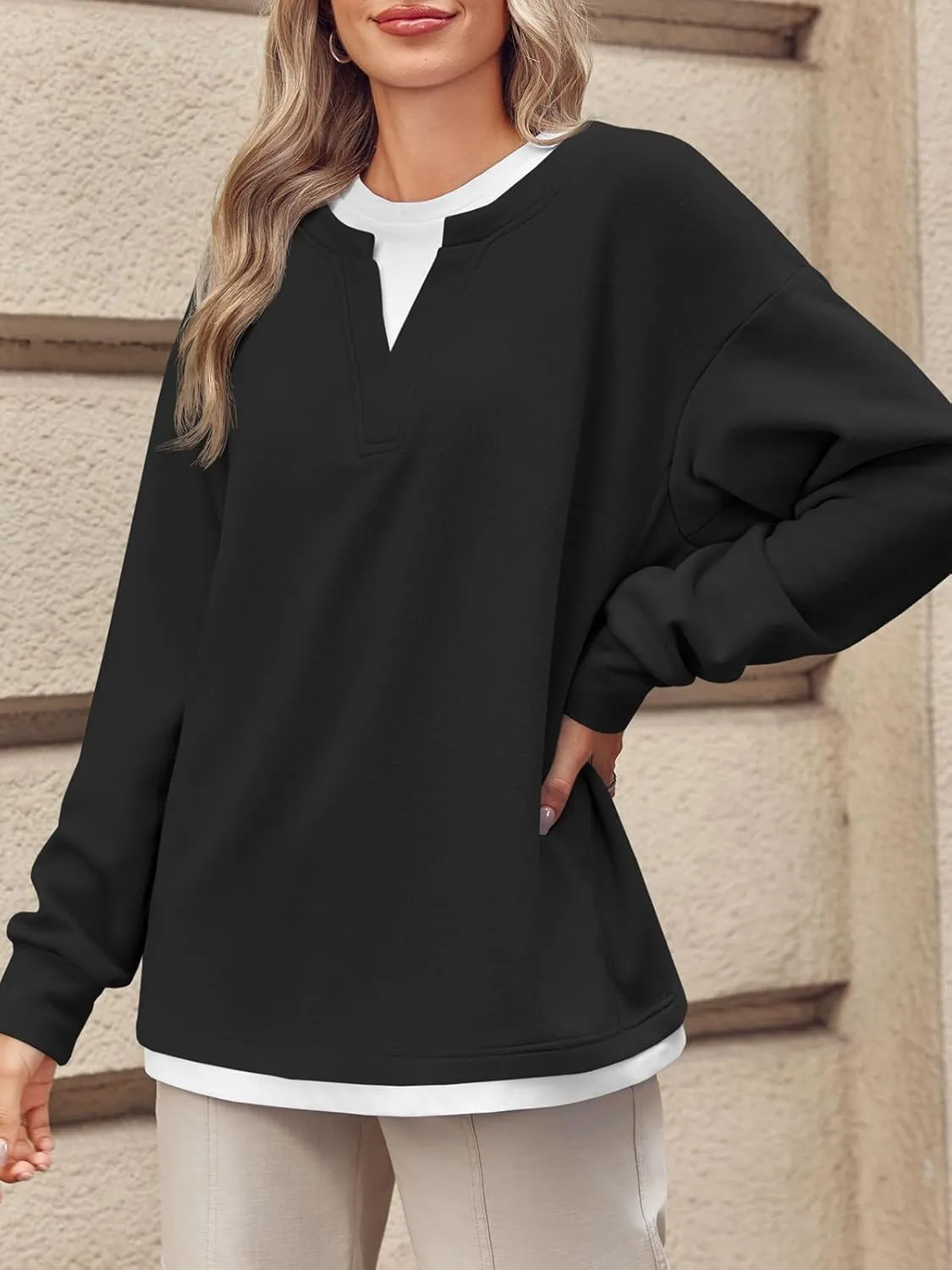 Fisoew Womens Crewneck Oversized Sweatshirts Long Sleeve Contrast Colors 2 in 1 Casual Pullover Tops