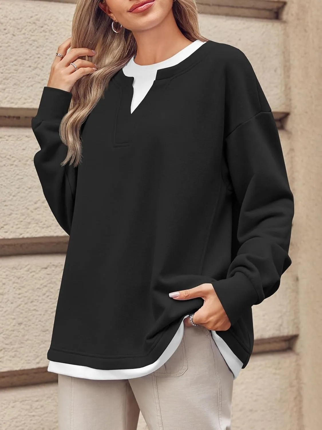 Fisoew Womens Crewneck Oversized Sweatshirts Long Sleeve Contrast Colors 2 in 1 Casual Pullover Tops