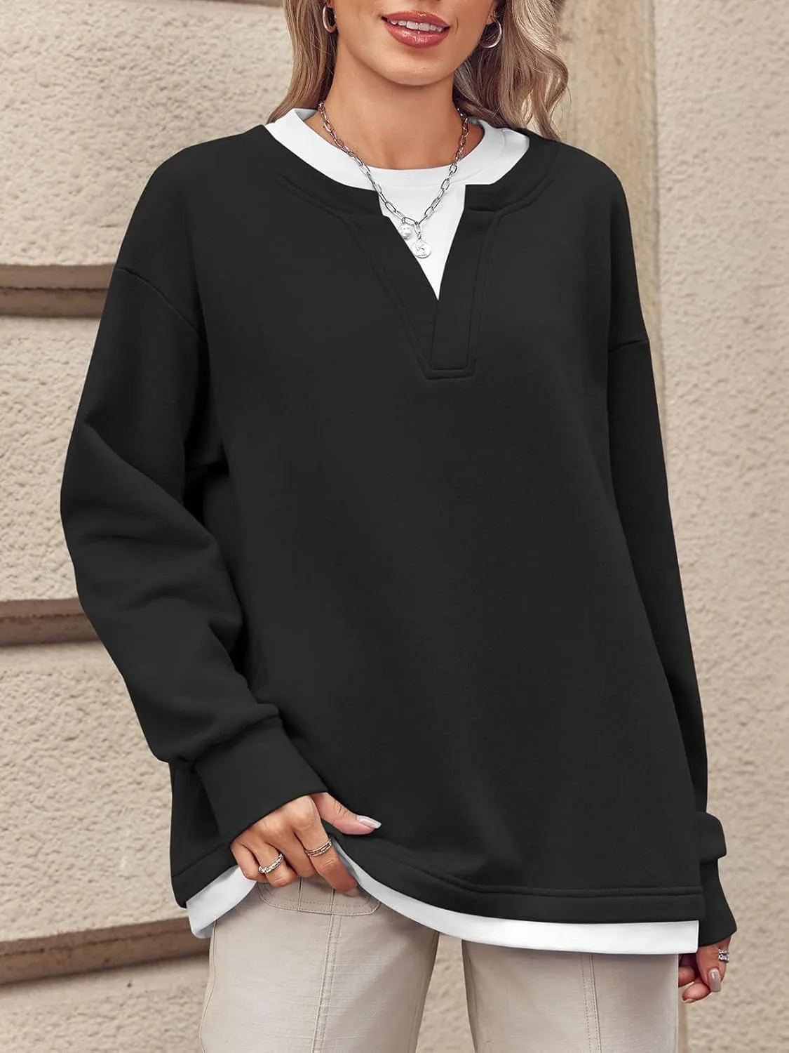 Fisoew Womens Crewneck Oversized Sweatshirts Long Sleeve Contrast Colors 2 in 1 Casual Pullover Tops