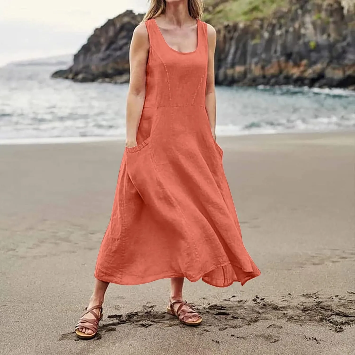 FlekmanArt Women Cotton and Linen Shirt Dress 2023 Summer U Neck Sleeveless Dress Trendy Solid Flowy Beach Dress with Pocket