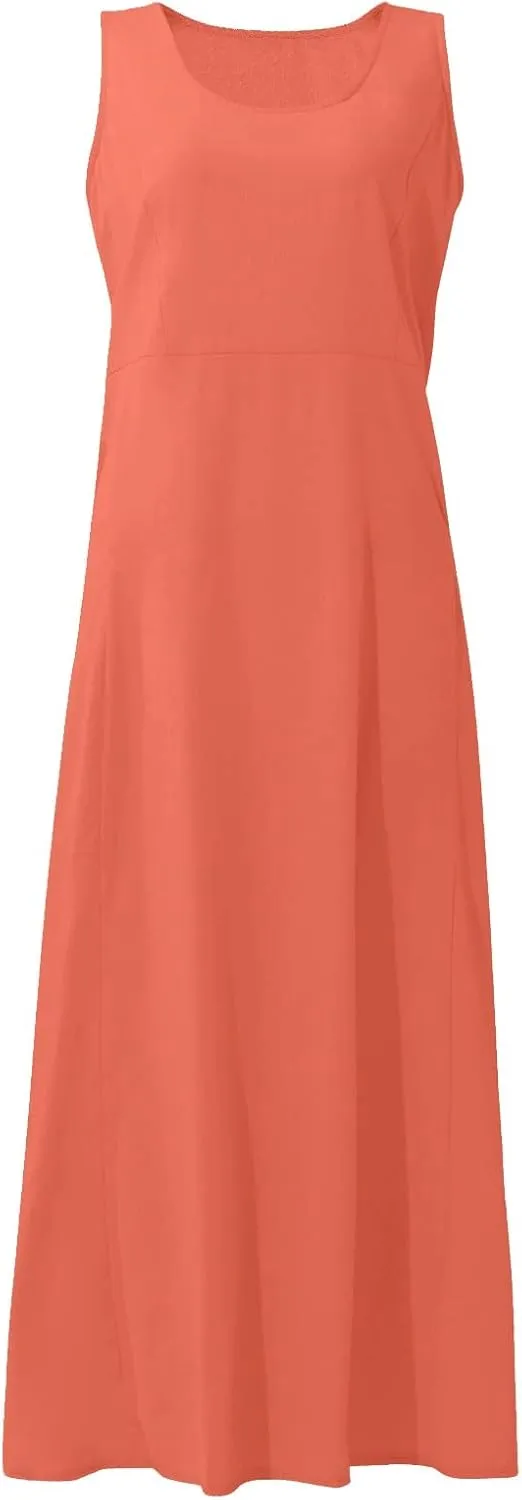 FlekmanArt Women Cotton and Linen Shirt Dress 2023 Summer U Neck Sleeveless Dress Trendy Solid Flowy Beach Dress with Pocket