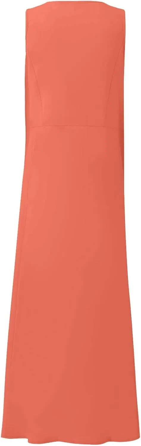FlekmanArt Women Cotton and Linen Shirt Dress 2023 Summer U Neck Sleeveless Dress Trendy Solid Flowy Beach Dress with Pocket