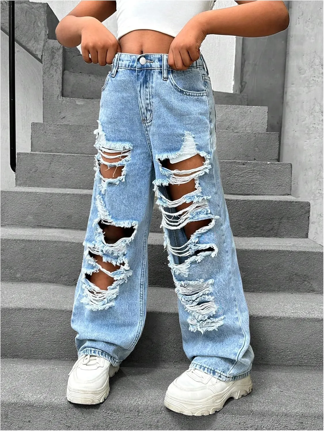 Floerns Girl's Distressed Jeans Baggy Wide Straight Leg Y2k Ripped Denim Pants
