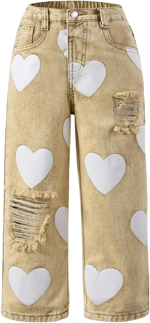 Floerns Toddler Girl's Heart Print Jeans Distressed Ripped Straight Leg Denim Pants